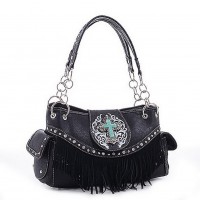 Cross Charm Western Style with Fringe Accent Tote Bag - Black - BG-MJ5302BK